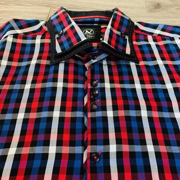 Au Noir Mens Button Down Shirt Sz 8 4XL plaid RedBlue Long Sleeve Cufflink Shirt - Picture 10 of 15